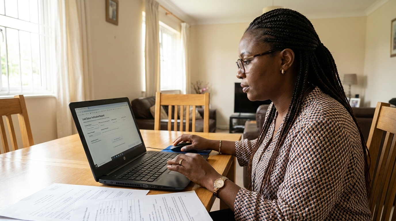 A property owner reviewing her land status verification report on a laptop at home, with supporting documents on the table